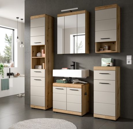 Waschbeckenunterschrank Shawn in Sand Kashmir und Evoke Eiche Badezimmer Unterschrank 60 cm