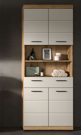 Badezimmer Hochschrank Shawn in Sand Kashmir und Evoke Eiche Badschrank 74 x 191 cm