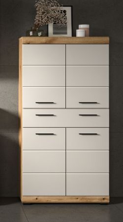 Badezimmer Midischrank Shawn in Sand Kashmir und Evoke Eiche Badschrank 74 x 141 cm