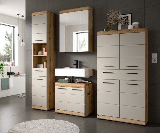 Badezimmer Midischrank Shawn in Sand Kashmir und Evoke Eiche Badschrank 74 x 141 cm