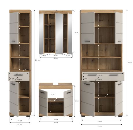 Badm�bel Set 4-teilig Shawn in Sand Kashmir und Evoke Eiche Badkombination 200 x 191 cm