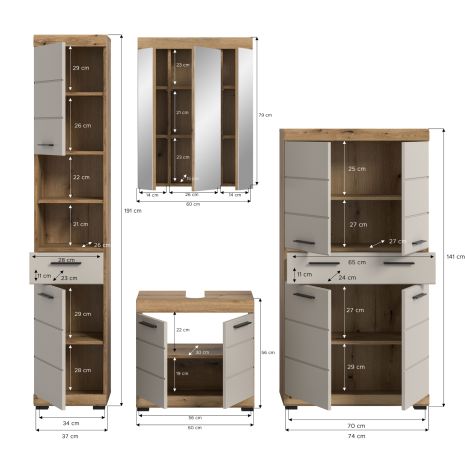 Badm�bel Set 4-teilig Shawn in Sand Kashmir und Evoke Eiche Badkombination 201 x 191 cm