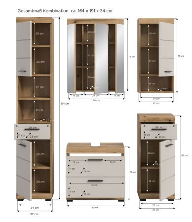 Badm�bel Set 5-teilig Shawn in Sand Kaschmir und Evoke Eiche Badkombination 164 x 191 cm