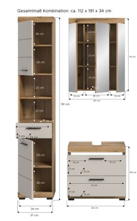 Badm�bel Set 3-teilig Shawn in Sand Kaschmir und Evoke Eiche Badkombination 112 x 191 cm
