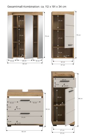 Badm�bel Set 4-teilig Shawn in Sand Kashmir und Evoke Eiche Badkombination 112 x 191 cm