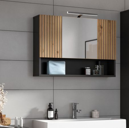 Badezimmer Spiegelschrank Livia in Artisan Eiche und grau Badschrank 3-t�rig 80 x 55 cm