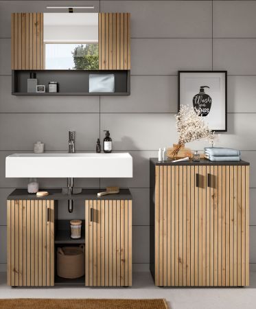Badm�bel Set 3-teilig Livia in Artisan Eiche und grau Badkombination 155 x 180 cm