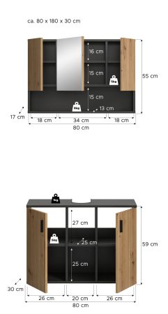Badm�bel Set 2-teilig Livia in Artisan Eiche und grau Badkombination 80 x 180 cm
