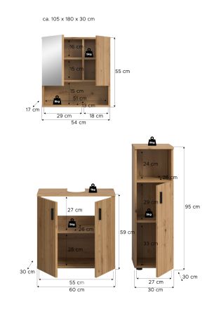 Badm�bel Set 3-teilig Livia in Artisan Eiche Badkombination 105 x 180 cm