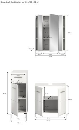 Badm�bel Set 3-teilig Cover in wei� Hochglanz Badkombination 105 x 185 cm