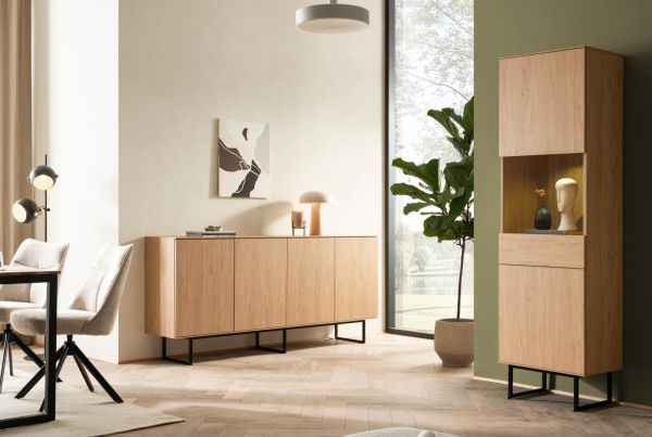 Vitrine Breda in Stone Eiche Vitrinenschrank 58 x 200 cm, mit Push-to-Open