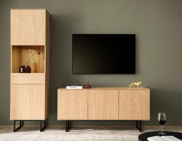 Vitrine Breda in Stone Eiche Vitrinenschrank 58 x 200 cm, mit Push-to-Open