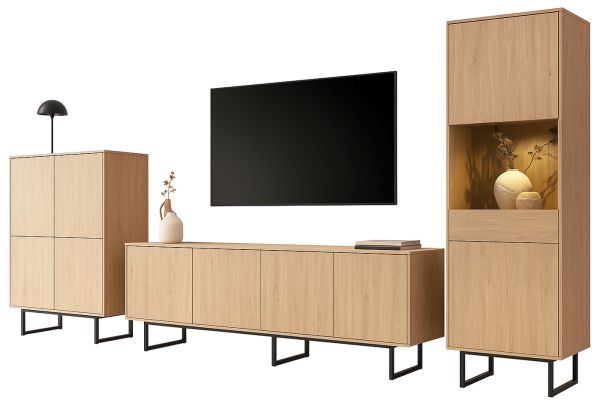 Wohnwand Breda in Stone Eiche Wohnkombination 3-teilig 400 cm, mit Push-to-Open