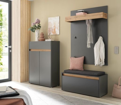 Schuhschrank Center in grau matt und Wotan Eiche Flurkommode 85 x 122 cm