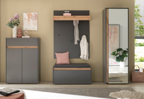 Schuhschrank Center in grau matt und Wotan Eiche Flurkommode 85 x 122 cm