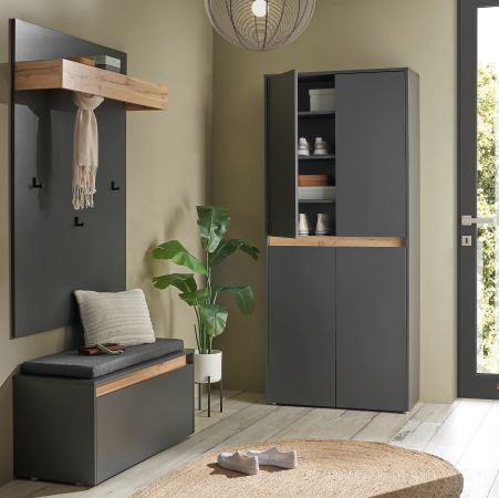 Schuhschrank Center in grau matt und Wotan Eiche Flurschrank 85 x 195 cm