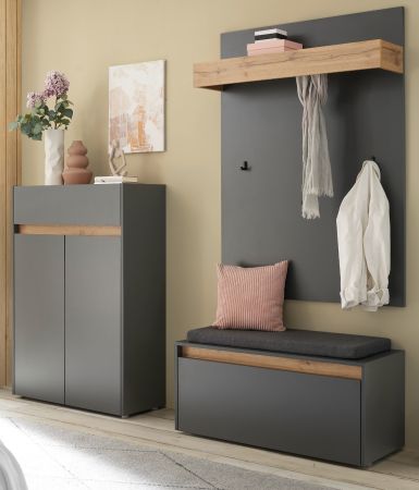 Garderobe Set 4-teilig Center in grau matt und Wotan Eiche Garderobenkombination 195 x 200 cm