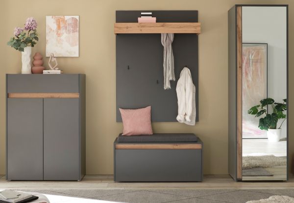 Garderobe Set 5-teilig Center in grau matt und Wotan Eiche Garderobenkombination 265 x 200 cm