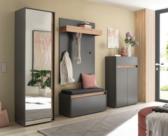 Garderobe Set 5-teilig Center in grau matt und Wotan Eiche Garderobenkombination 265 x 200 cm