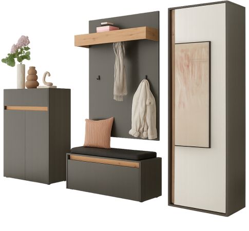 Garderobe Set 5-teilig Center in grau matt und Wotan Eiche Garderobenkombination 265 x 200 cm