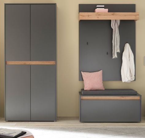Garderobe Set 4-teilig Center in grau matt und Wotan Eiche Garderobenkombination 195 x 200 cm