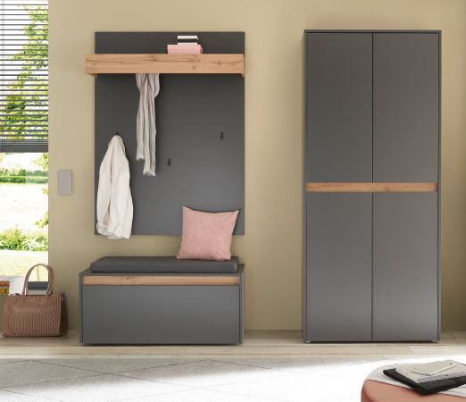 Garderobe Set 4-teilig Center in grau matt und Wotan Eiche Garderobenkombination 195 x 200 cm