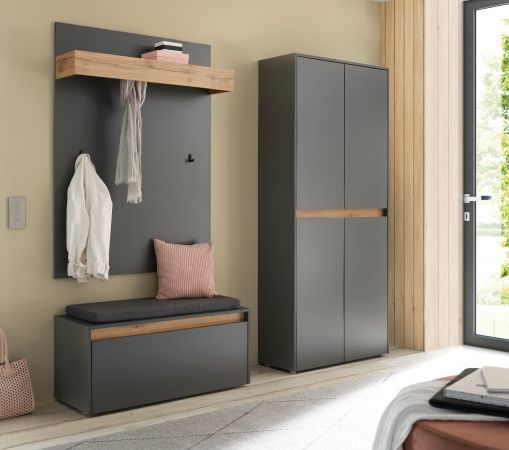 Garderobe Set 4-teilig Center in grau matt und Wotan Eiche Garderobenkombination 195 x 200 cm