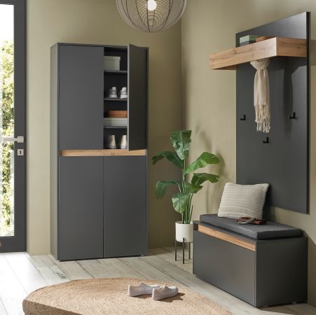 Garderobe Set 4-teilig Center in grau matt und Wotan Eiche Garderobenkombination 195 x 200 cm