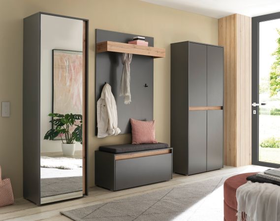 Garderobe Set 5-teilig Center in grau matt und Wotan Eiche Garderobenkombination 265 x 200 cm