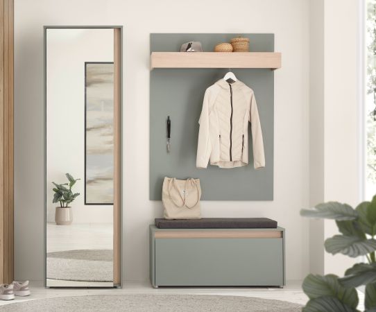 Garderobe Sitzbank Center in Salbei und Barista Eiche Garderobenbank 100 cm