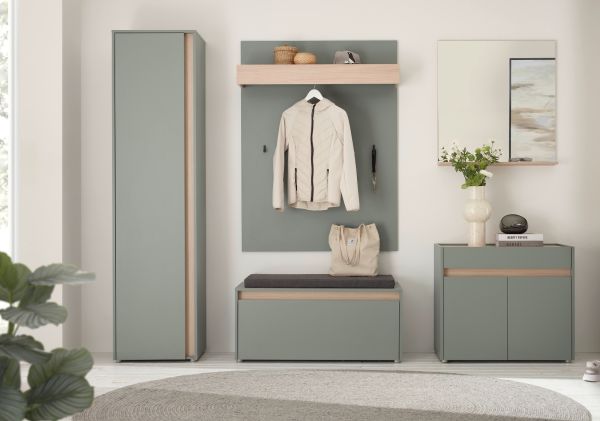 Garderobenpaneel Center in Salbei und Barista Eiche Wandgarderobe 100 x 135 cm