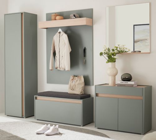 Garderobe Set 6-teilig Center Salbei und Barista Eiche 260 x 200 cm, Komplett-Set inkl. Sitzkissen