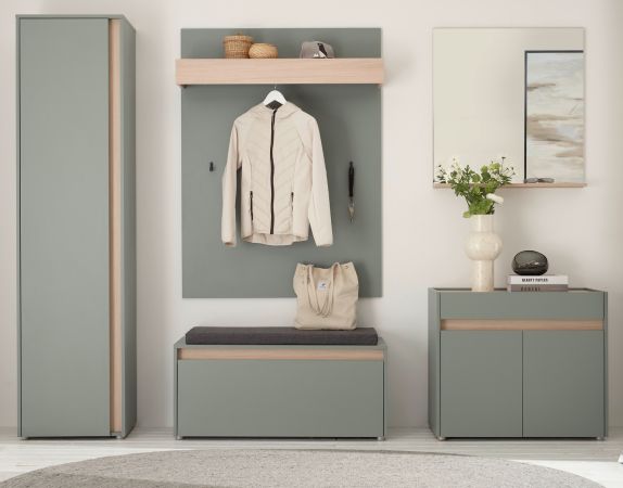 Garderobe Set 6-teilig Center Salbei und Barista Eiche 260 x 200 cm, Komplett-Set inkl. Sitzkissen