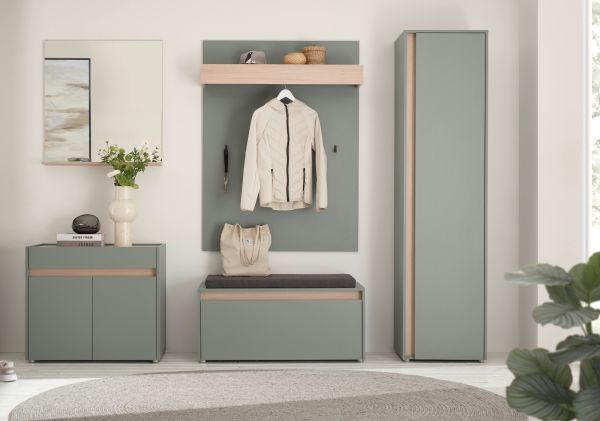Garderobe Set 6-teilig Center Salbei und Barista Eiche 260 x 200 cm, Komplett-Set inkl. Sitzkissen