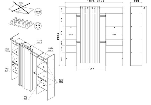 Parisot Kleiderschrank Nivo in Wei� und Grau Mehrzweckschrank mit Vorhang 198 x 203 cm