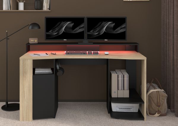 Gamingtisch Meta in Eiche und schwarz Gamer Schreibtisch inkl. LED mit Farbwechsel 152 cm