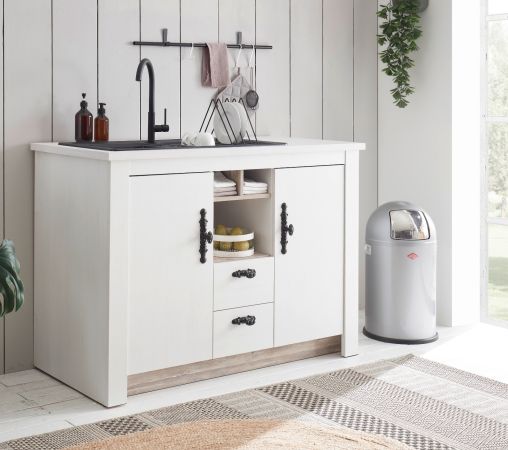 K�chenschrank Rovola in wei� Pinie Landhaus K�che Unterschrank f�r Sp�le oder Kochfeld 129 cm, Soft-Close