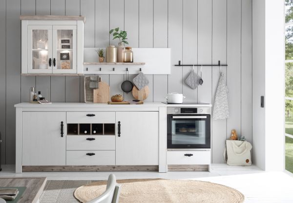 K�chenschrank Rovola in wei� Pinie Landhaus K�che Unterschrank f�r Sp�le oder Kochfeld 202 cm, Soft-Close