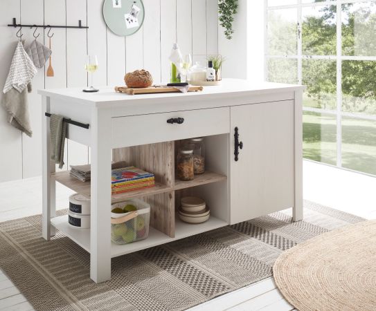 K�cheninsel Rovola in wei� Pinie Landhaus K�chenschrank freistehend 161 x 77 cm, Soft-Close