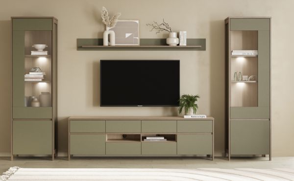 Vitrine Finnes in Salbei und Eiche Vitrinenschrank skandinavisch 58 x 195 cm, Soft-Close