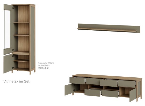 Wohnwand Finnes in Salbei und Eiche Wohnkombination skandinavisch 4-teilig 339 cm, Soft-Close