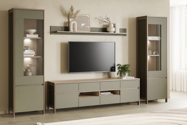 Wohnwand Finnes in Salbei und Eiche Wohnkombination skandinavisch 4-teilig 339 cm, Soft-Close