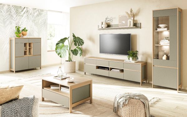 Wohnwand Finnes in Salbei und Eiche Wohnkombination skandinavisch 4-teilig 339 cm, Soft-Close