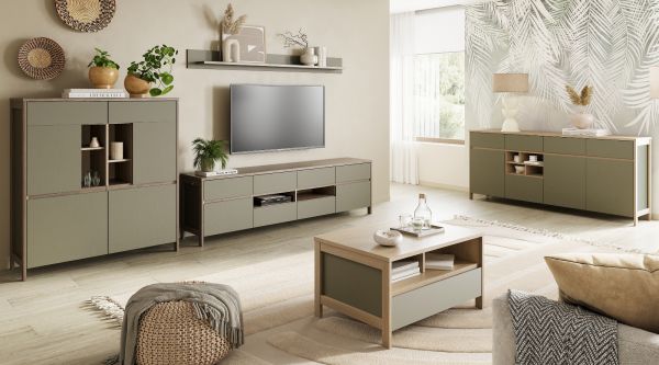 Wohnwand Finnes in Salbei und Eiche Wohnkombination skandinavisch 3-teilig 319 cm, Soft-Close