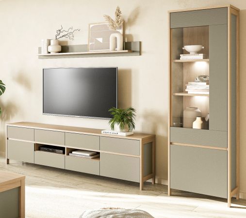Wohnwand Finnes in Salbei und Eiche Wohnkombination skandinavisch 3-teilig 266 cm, Soft-Close