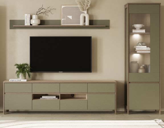 Wohnwand Finnes in Salbei und Eiche Wohnkombination skandinavisch 3-teilig 266 cm, Soft-Close