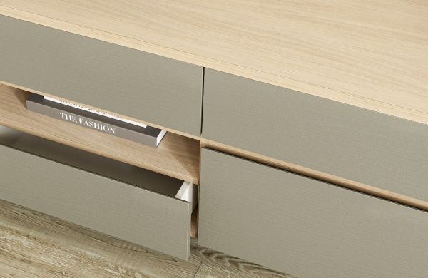 Wohnwand Finnes in Salbei und Eiche Wohnkombination skandinavisch 3-teilig 266 cm, Soft-Close
