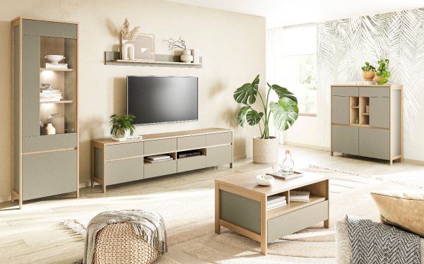 Wohnwand Finnes in Salbei und Eiche Wohnkombination skandinavisch 3-teilig 266 cm, Soft-Close
