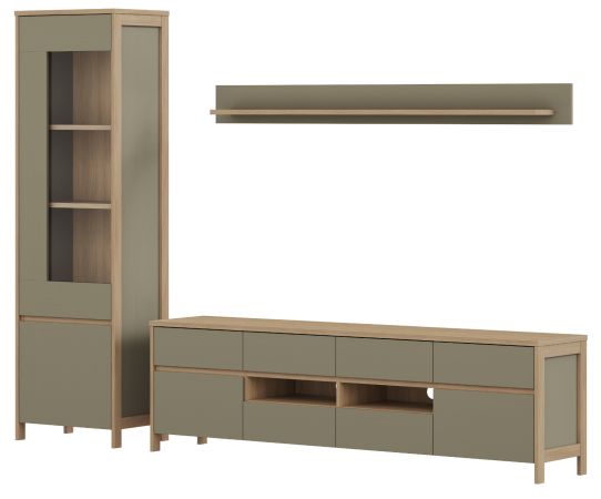 Wohnwand Finnes in Salbei und Eiche Wohnkombination skandinavisch 3-teilig 266 cm, Soft-Close