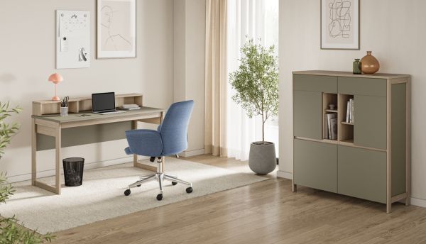 Wohnkombination Finnes in Salbei und Eiche Highboard und Schreibtisch skandinavisch, Soft-Close